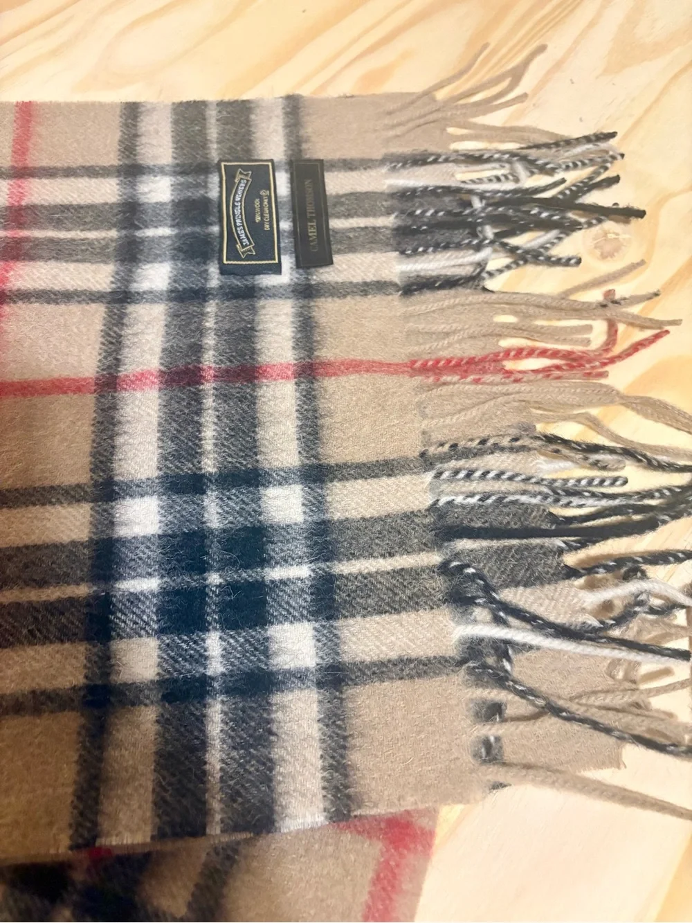 Camel Thomson Beige Plaid Wool-Blend Scarf with Fringe